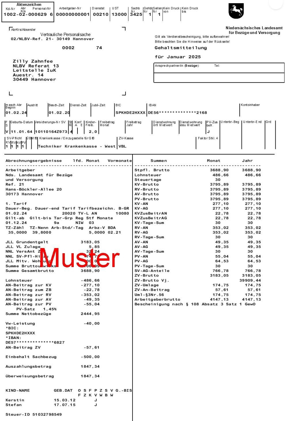 Muster einer Gehaltsmitteilung für Arbeitnehmerinnen und