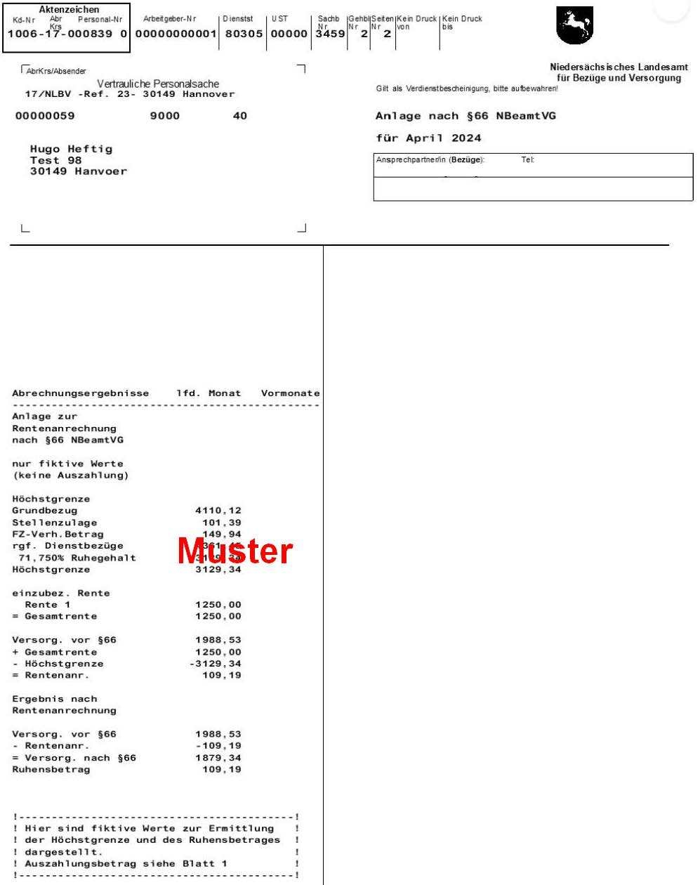 Muster einer Gehaltsmitteilung für Versorgungsempfängerinnen und  Versorgungsempfänger